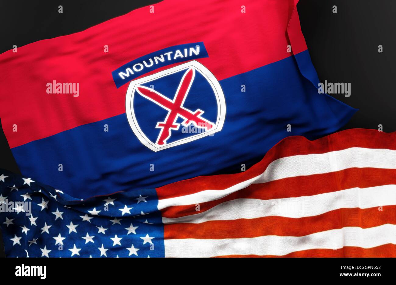 Flagge der United States Army 10th Mountain Division zusammen mit einer Flagge der Vereinigten Staaten von Amerika als Symbol für eine Verbindung zwischen ihnen, 3d i Stockfoto