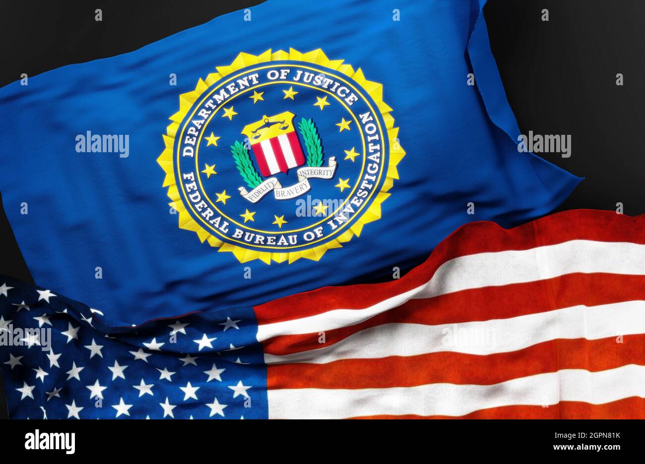 Flagge des Federal Bureau of Investigation zusammen mit einer Flagge der Vereinigten Staaten von Amerika als Symbol der Einheit zwischen ihnen, 3d-Illustration Stockfoto
