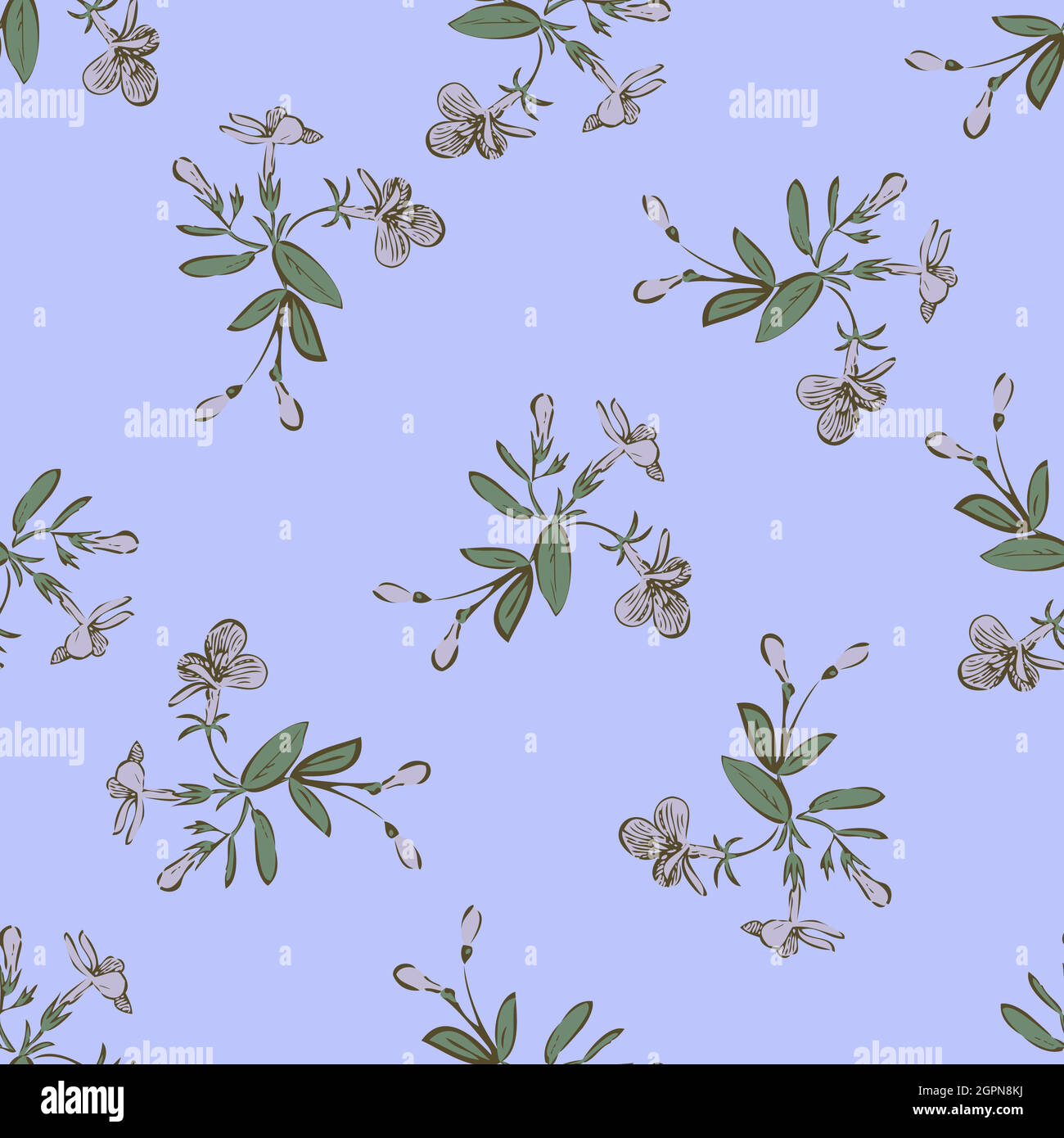 Zeichnung Wiese blüht Blumen. Nahtloses Blumenmuster. Natur abstrakt Hintergrund Vektor Tapete. Linie Kunst botanische Illustration Grafik Design drucken. Trendige pastellblaue, grüne Farben Stock Vektor