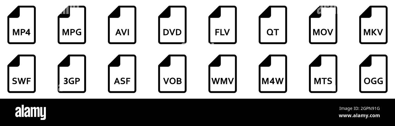 Videodateiformate. Satz von linearen Symbolen verschiedener Videoformate. Symbole für Videodateien. Vektorgrafik. Stock Vektor