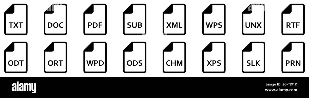 Symbol für Textdateiformate. Satz von Zeilensymbolen verschiedener Textdokumente. Textdateidokumente. Vektorgrafik. Stock Vektor