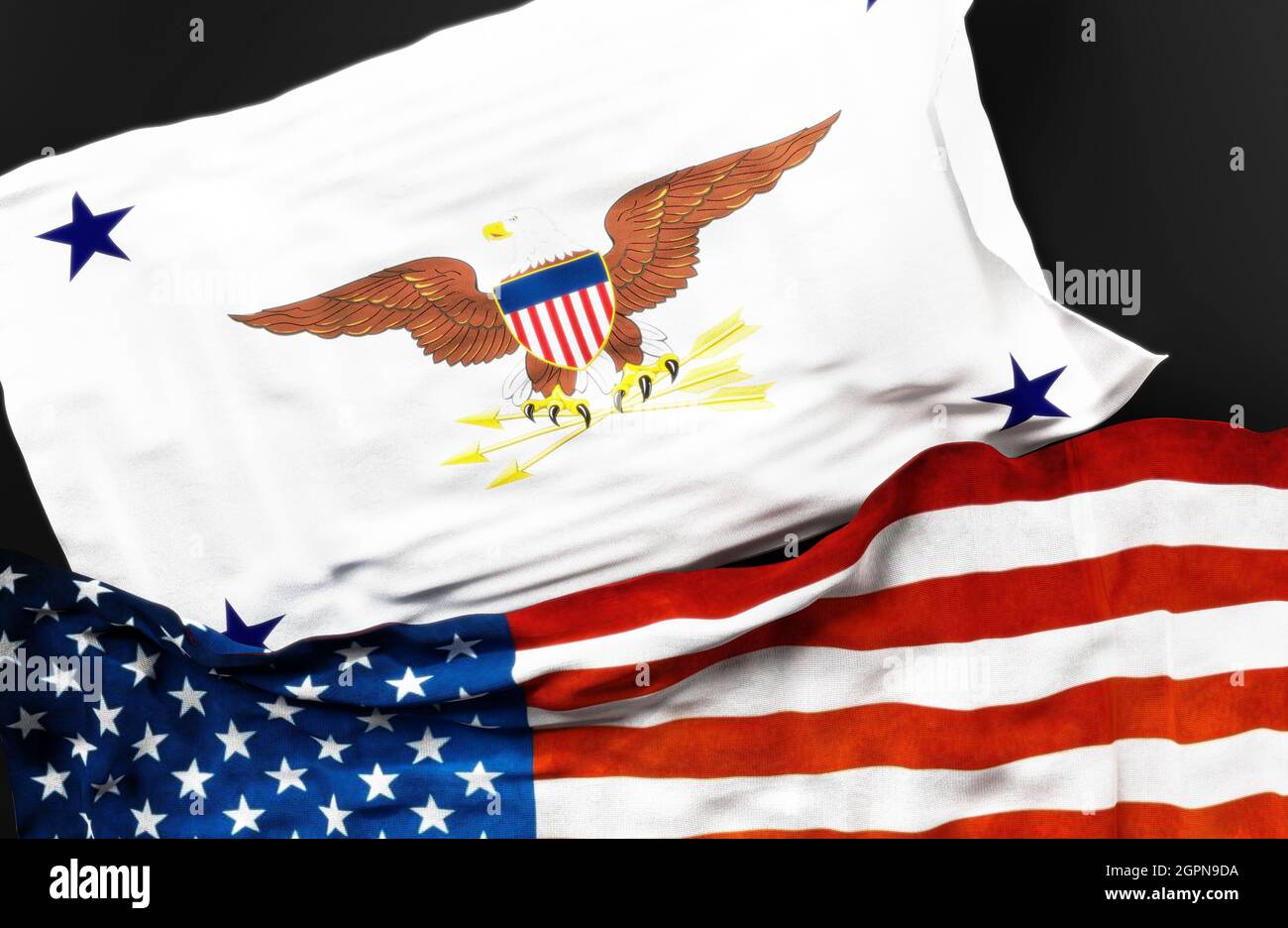 Flagge des Generalinspektors des US-Verteidigungsministeriums zusammen mit einer Flagge der Vereinigten Staaten von Amerika als Symbol der Einheit zwischen ihnen, Stockfoto