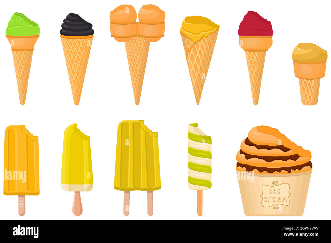 Big Kit Eis Popsicle verschiedene Arten in Kegel Waffelbecher Stock Vektor