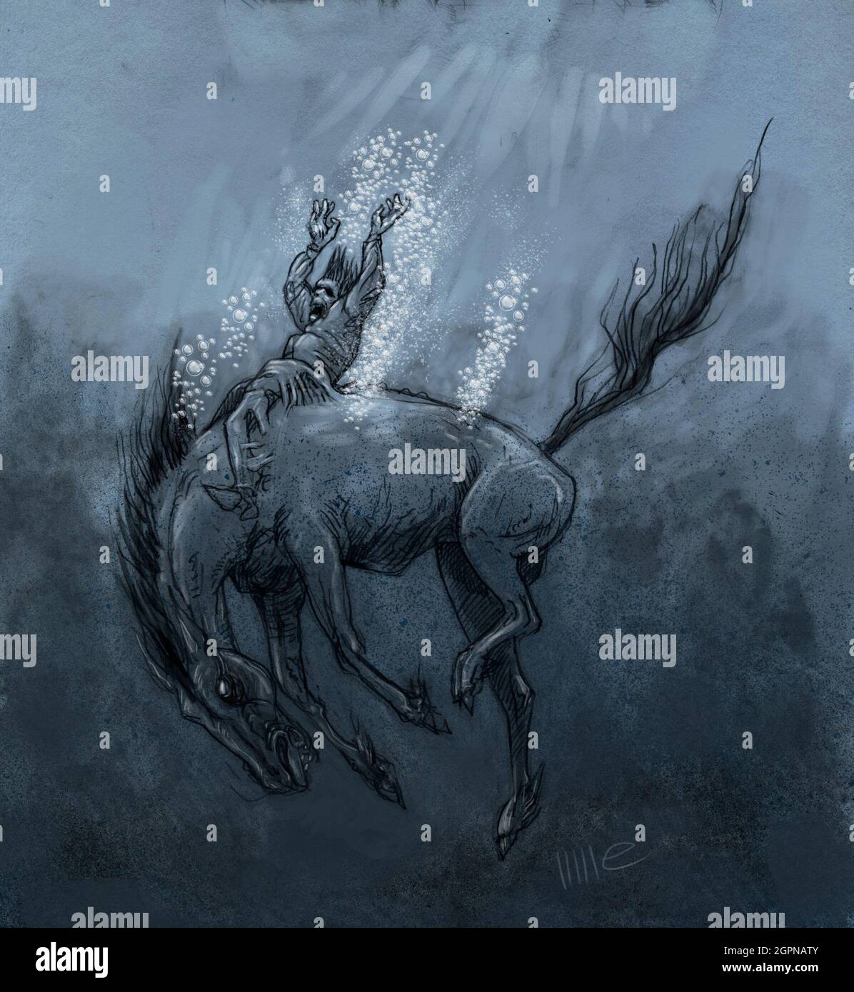 Kunstwerk Illustration von jedem Uisge / aughisky übernatürlichen Wasserpferd von schottischen & irischen Folklore-Reiter werden am Pferd festgebunden und ertrunken. Stockfoto