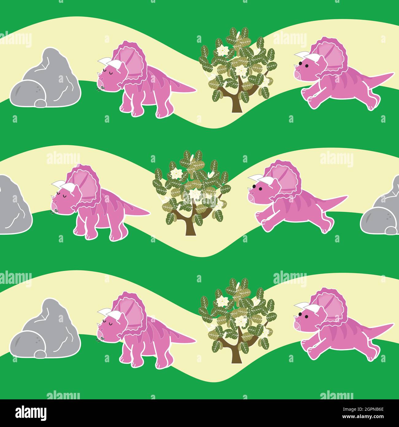 Rosa Dinosaurier, Stein, Camilia, Triceratopsmit grünem Hintergrund, niedlichen Dino-Hintergrund, Dino-Cartoon, herbivore Dino-Cartoon Stock Vektor