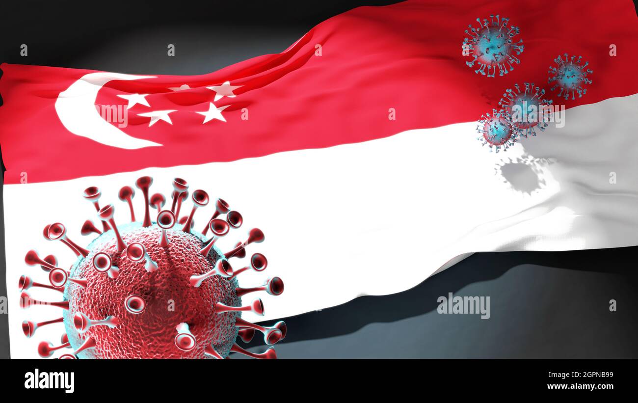 Covid in Singapur - Coronavirus greift eine Stadtflagge von Singapur als Symbol für einen Kampf und Kampf mit der Virus-Pandemie in dieser Stadt an, 3D-Illus Stockfoto