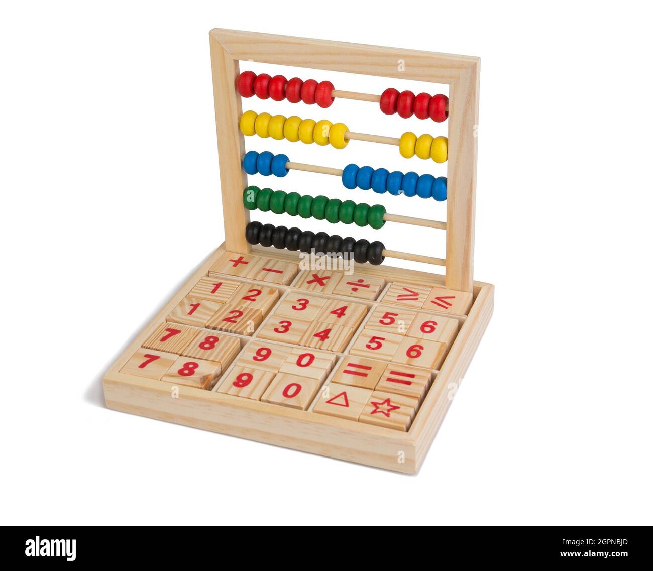 Bunte Abakus mit Symbolen und Zahlen Holzblöcke. Lernspielzeug isoliert auf weißem Hintergrund. Stockfoto