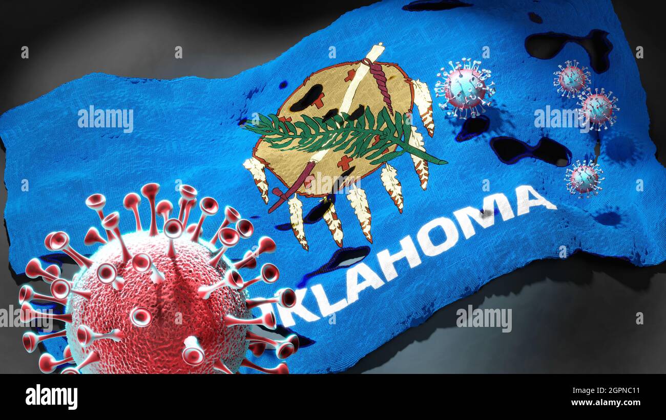 Covid in Oklahoma - Coronavirus greift eine Staatsflagge von Oklahoma als Symbol für einen Kampf und Kampf mit der Virus-Pandemie in diesem Zustand an, 3D-Illus Stockfoto