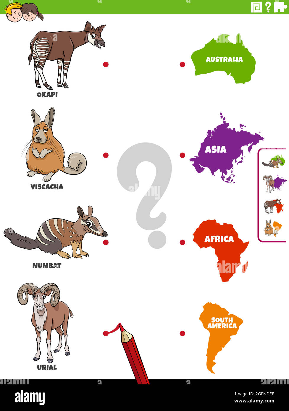 Spiel Tierarten und Kontinente pädagogische Aufgabe Stock Vektor