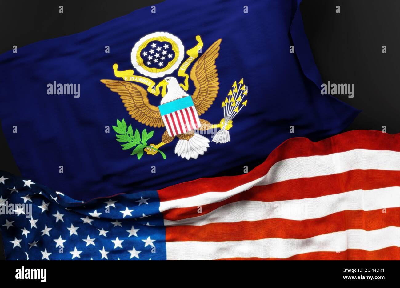 Flagge der US Presidential Navy 1899 zusammen mit einer Flagge der Vereinigten Staaten von Amerika als Symbol für eine Verbindung zwischen ihnen, 3d-Illustration Stockfoto