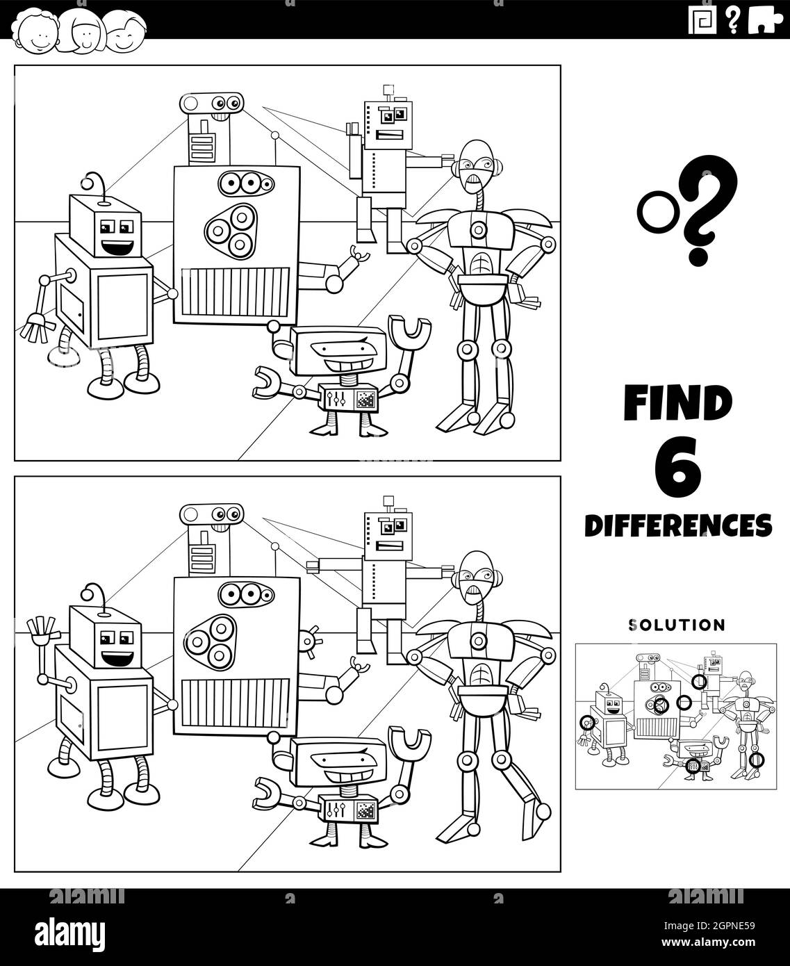 Unterschiede pädagogisches Spiel mit Robotern Färbung Buch Seite Stock Vektor