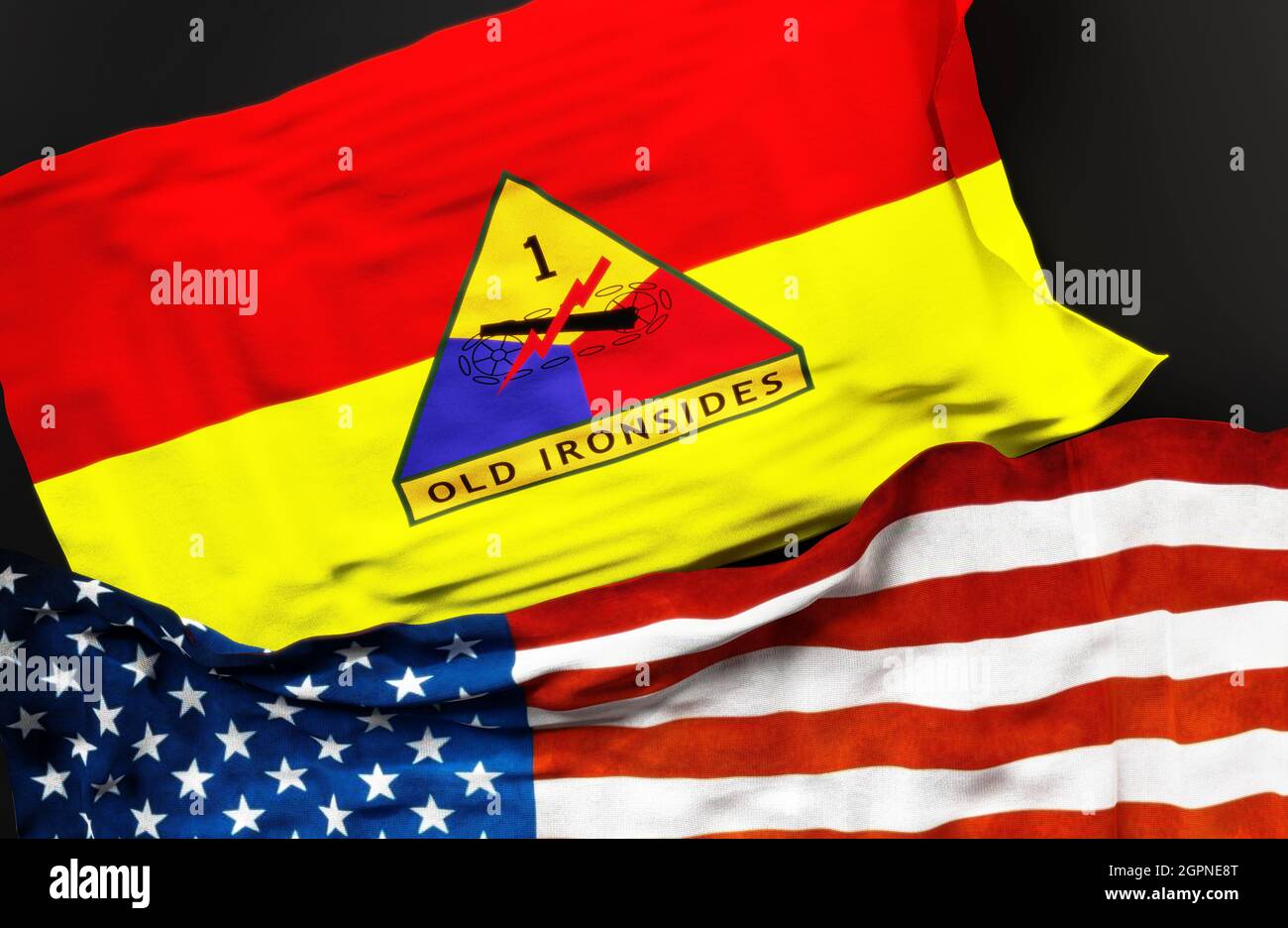 Flagge der United States Army 1st Armored Division zusammen mit einer Flagge der Vereinigten Staaten von Amerika als Symbol für eine Verbindung zwischen ihnen, 3d krank Stockfoto
