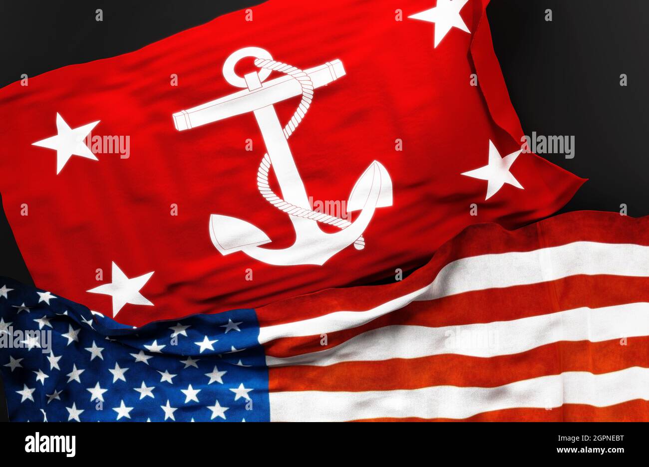 Flagge der USA zum Untersekretär der Marine zusammen mit einer Flagge der Vereinigten Staaten von Amerika als Symbol für eine Verbindung zwischen ihnen, 3d-Illustration Stockfoto