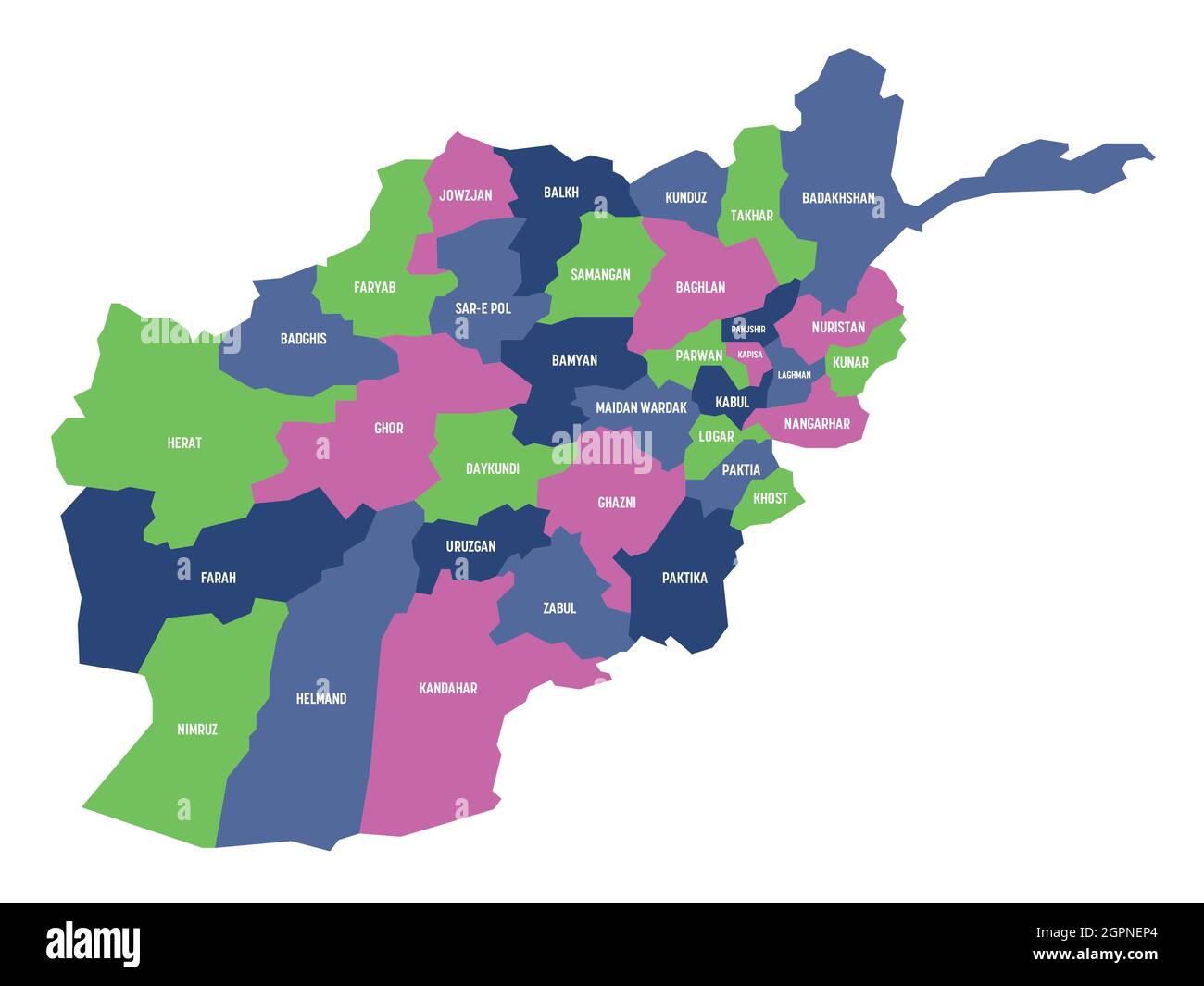 Bunte politische Landkarte von Afghanistan. Verwaltungsabteilungen - Provinzen. Einfache flache Vektorkarte mit Beschriftungen. Stock Vektor