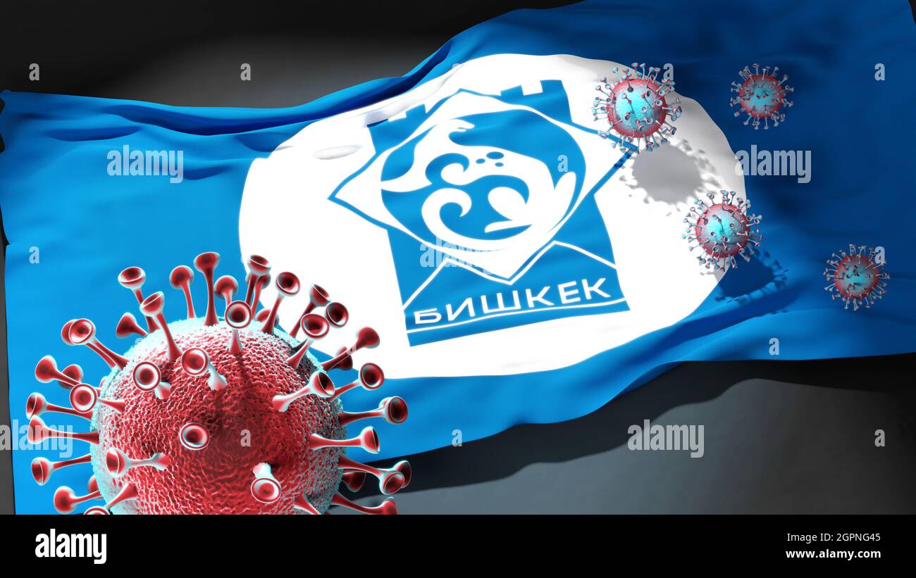 Covid in Bischkek Kirgisistan - Coronavirus greift eine Stadtflagge von Bischkek Kirgisistan als Symbol für einen Kampf und Kampf mit der Virus-Pandemie in t an Stockfoto