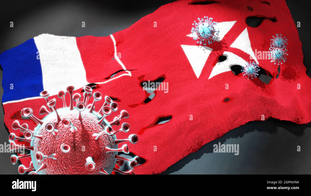 Covid in Wallis und Futuna - Coronavirus greift eine Nationalflagge von Wallis und Futuna als Symbol für einen Kampf und Kampf mit der Virus-Pandemie in an Stockfoto