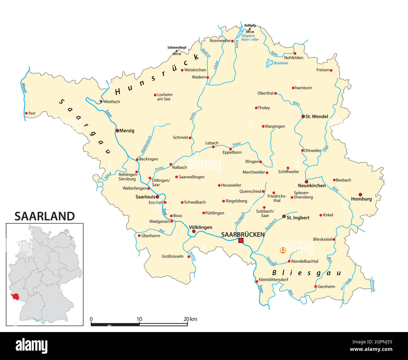 Karte des Saarlandes in deutscher Sprache Stock Vektor