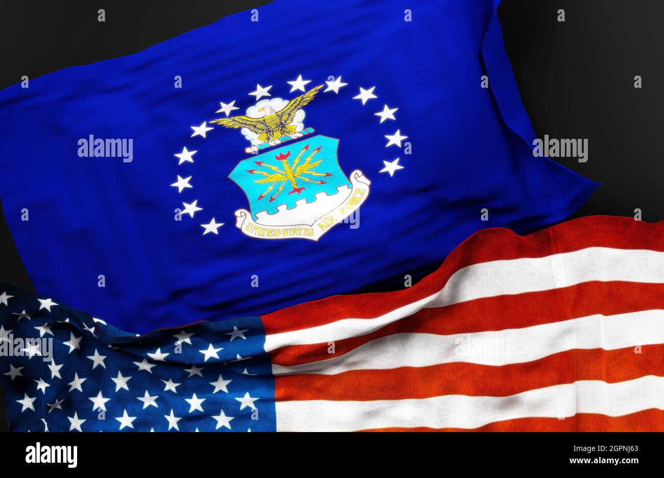 Flagge der United States Air Force zusammen mit einer Flagge der Vereinigten Staaten von Amerika als Symbol für eine Verbindung zwischen ihnen, 3d-Illustration Stockfoto