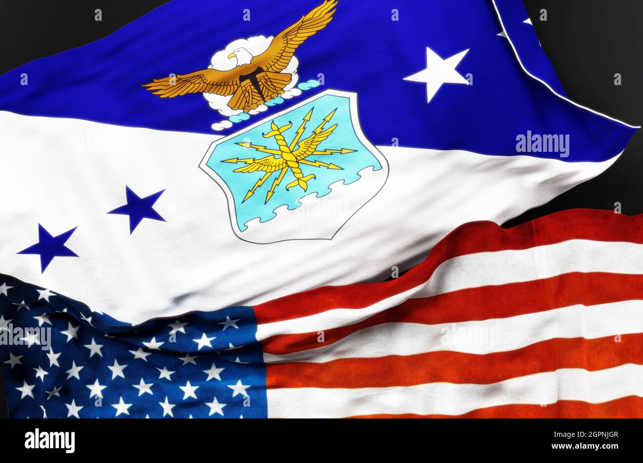 Flagge des Stabschefs der US-Luftwaffe zusammen mit einer Flagge der Vereinigten Staaten von Amerika als Symbol der Einheit zwischen ihnen, 3d illu Stockfoto