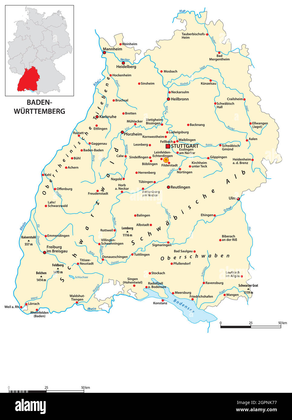 Karte des Bundesstaates Baden-WuÌˆrttemberg in deutscher Sprache Stock Vektor