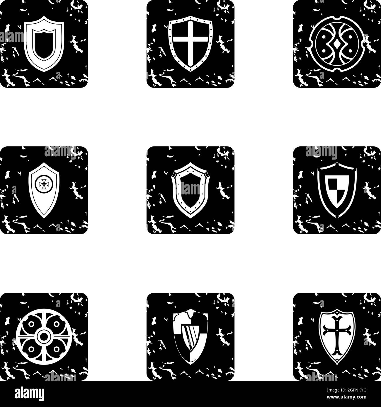 Shield Icons Set, Grunge-Stil Stock Vektor