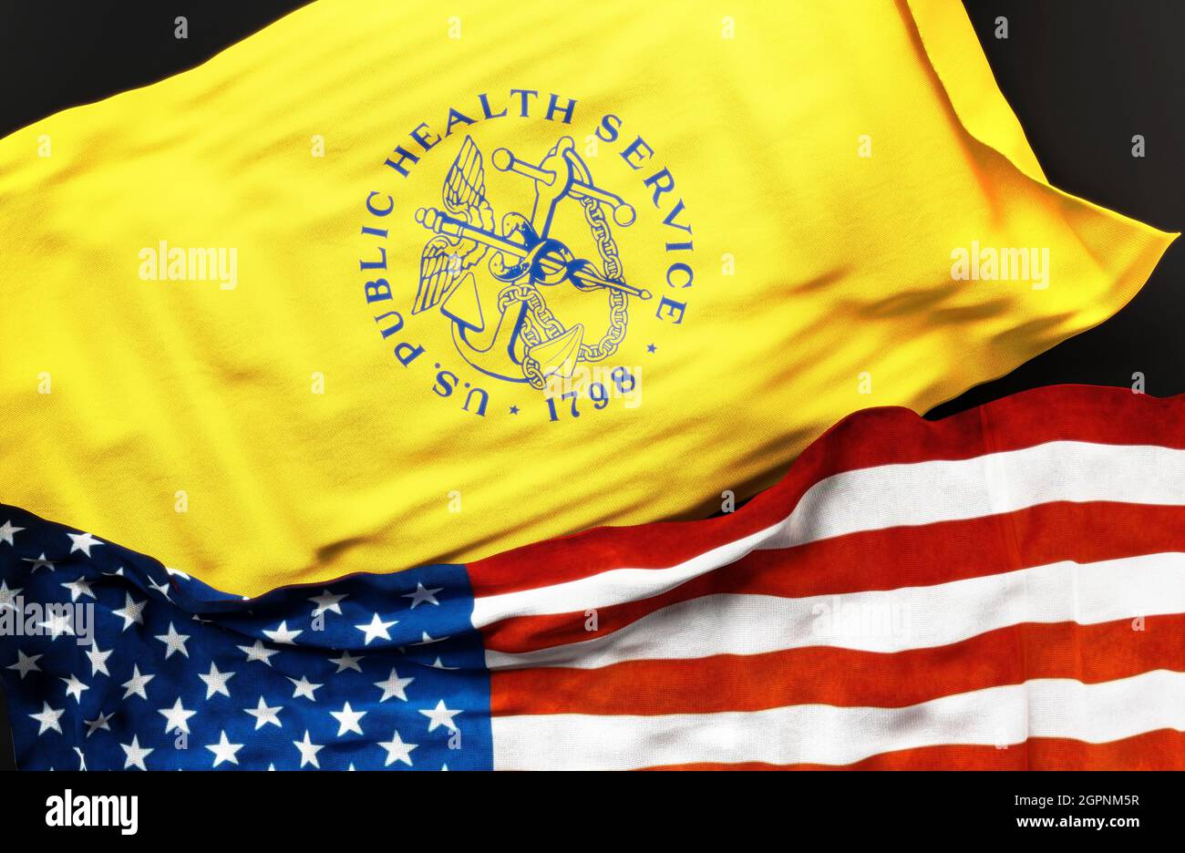 Flagge des US Public Health Service zusammen mit einer Flagge der Vereinigten Staaten von Amerika als Symbol der Einheit zwischen ihnen, 3d-Illustration Stockfoto