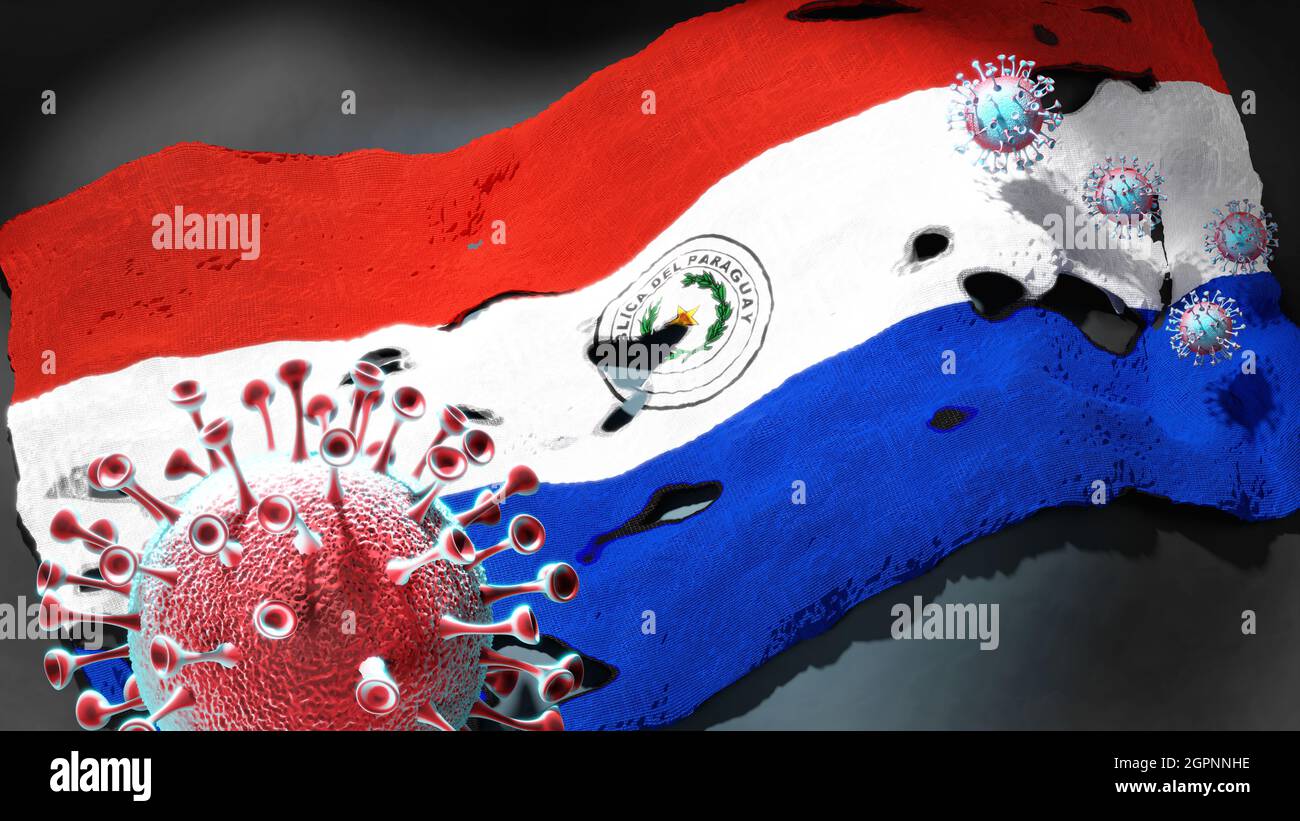 Covid in Paraguay - Coronavirus greift eine Nationalflagge Paraguays an als Symbol für einen Kampf und Kampf gegen die Viruspandemie in diesem Land, 3d Stockfoto