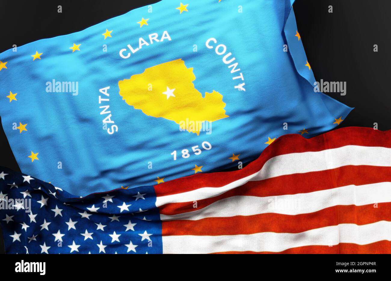 Flagge von Santa Clara County California zusammen mit einer Flagge der Vereinigten Staaten von Amerika als Symbol der Einheit zwischen ihnen, 3d-Illustration Stockfoto