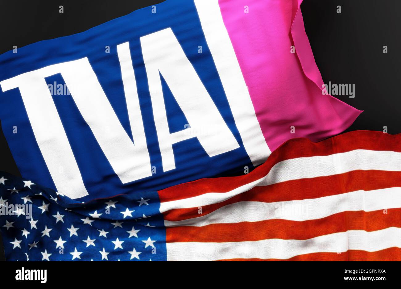 Flagge der Tennessee Valley Authority zusammen mit einer Flagge der Vereinigten Staaten von Amerika als Symbol für eine Verbindung zwischen ihnen, 3d-Illustration Stockfoto