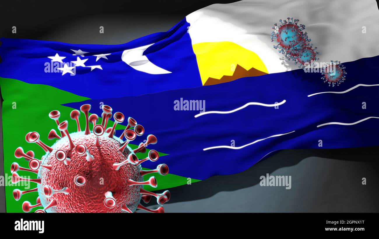 Covid in Paita - Coronavirus greift eine Stadtflagge von Paita als Symbol für einen Kampf und Kampf mit der Virus-Pandemie in dieser Stadt an, 3d-Illustration Stockfoto