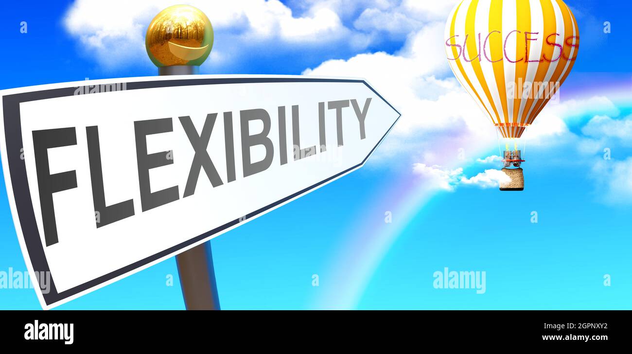 Flexibilität führt zum Erfolg - dargestellt als Zeichen mit einem Satz Flexibilität, der auf den Ballon am Himmel zeigt, mit Wolken, um die Bedeutung von Flexib zu symbolisieren Stockfoto
