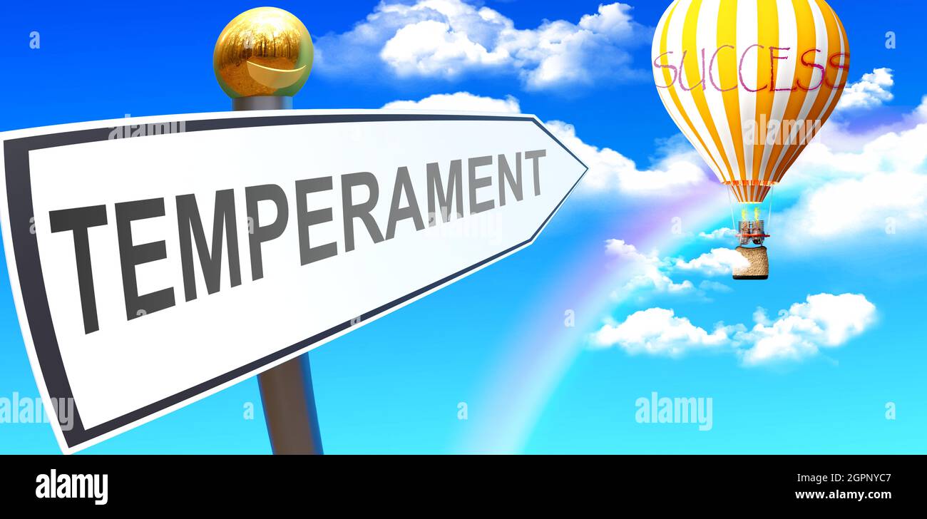 Temperament führt zum Erfolg - dargestellt als Zeichen mit einem Satz Temperament, das auf den Ballon am Himmel zeigt, mit Wolken, um die Bedeutung von Temperament zu symbolisieren Stockfoto