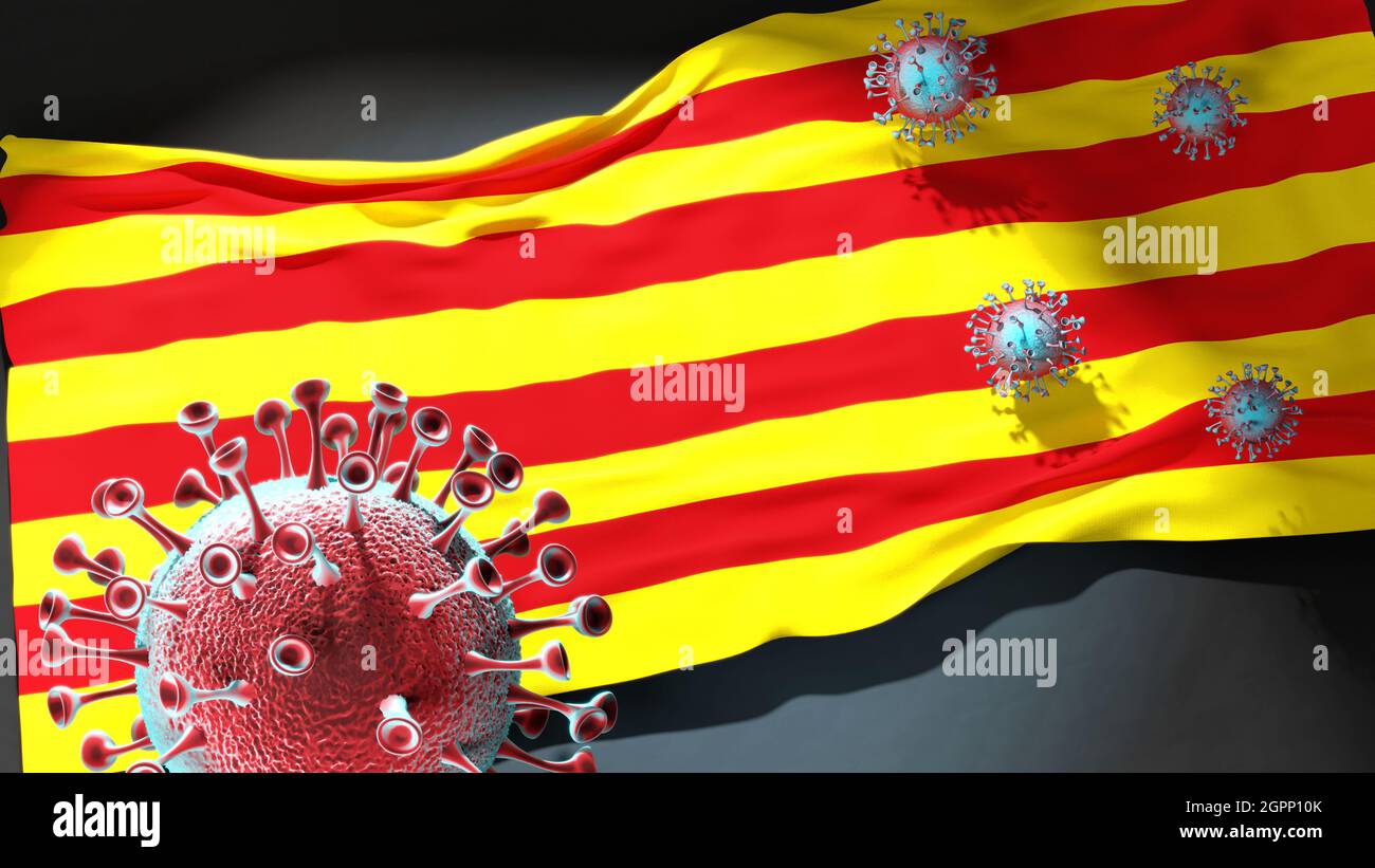 Covid in Katalonien - Coronavirus greift eine Stadtflagge Kataloniens als Symbol für einen Kampf und Kampf gegen die Virus-Pandemie in dieser Stadt an, 3D-Illus Stockfoto