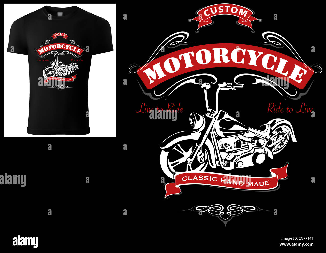 T-Shirt Design für Motorradfahrer mit Motorrad Stock Vektor