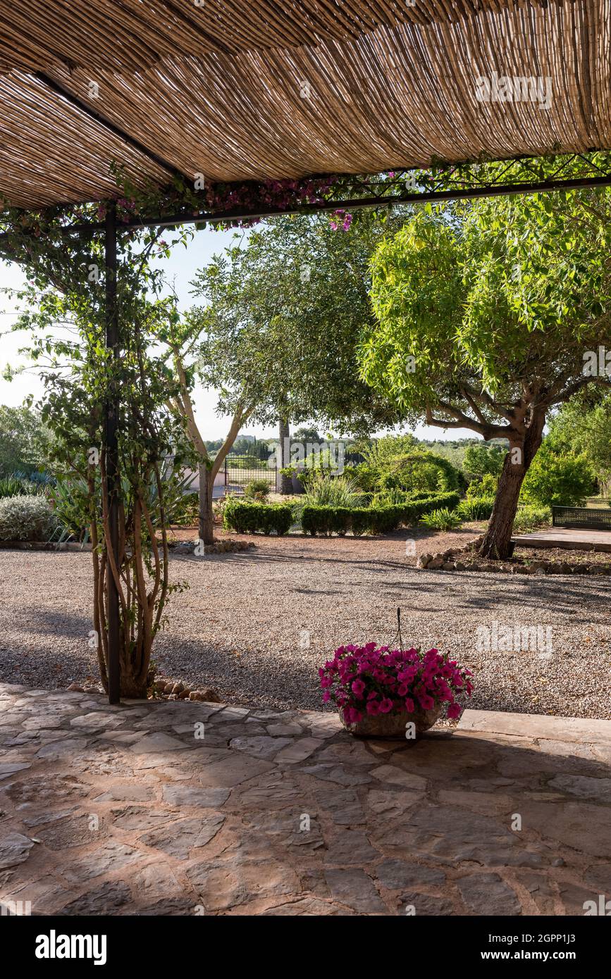 Schattige Weidenmarkise über der Gartenterrasse, spanische Villa, Mallorca Stockfoto
