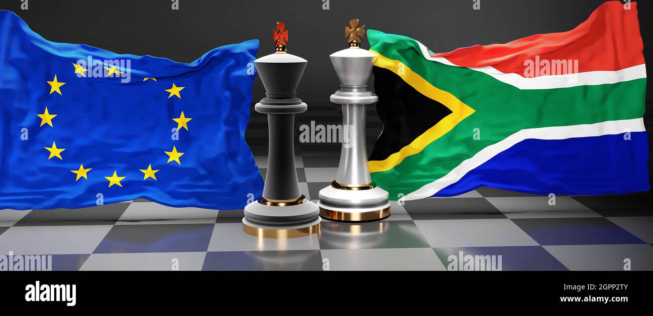 EU Europa Südafrika Gipfel, Kampf oder eine Ablösung zwischen diesen beiden Ländern, die auf die Lösung politischer Probleme abzielen, symbolisiert durch ein Schachspiel mit Stockfoto