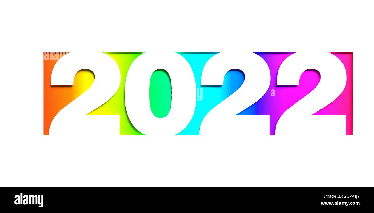Happy New Year 2022 Konzept: Die Zahl 2022 aus einem Papier mit einem darunter liegenden Regenbogenhintergrund geschnitten. Isoliert auf Weiß. Stockfoto
