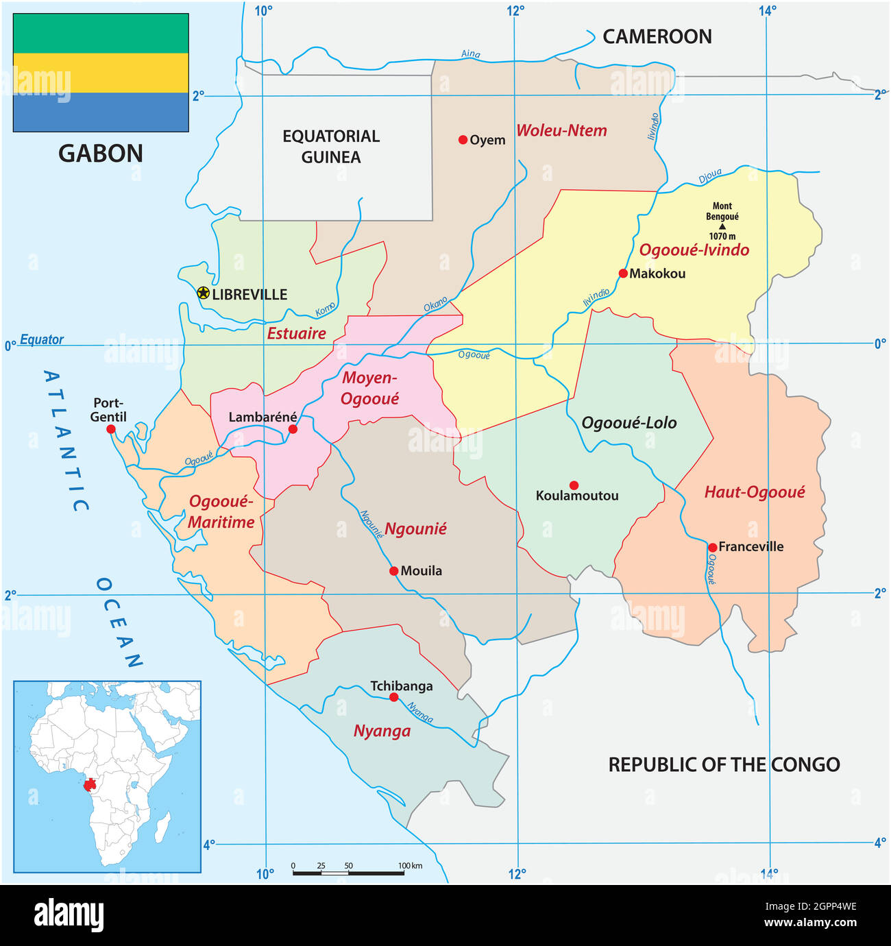 Administrative Vektorkarte des afrikanischen Staates Gabun mit Flagge Stock Vektor