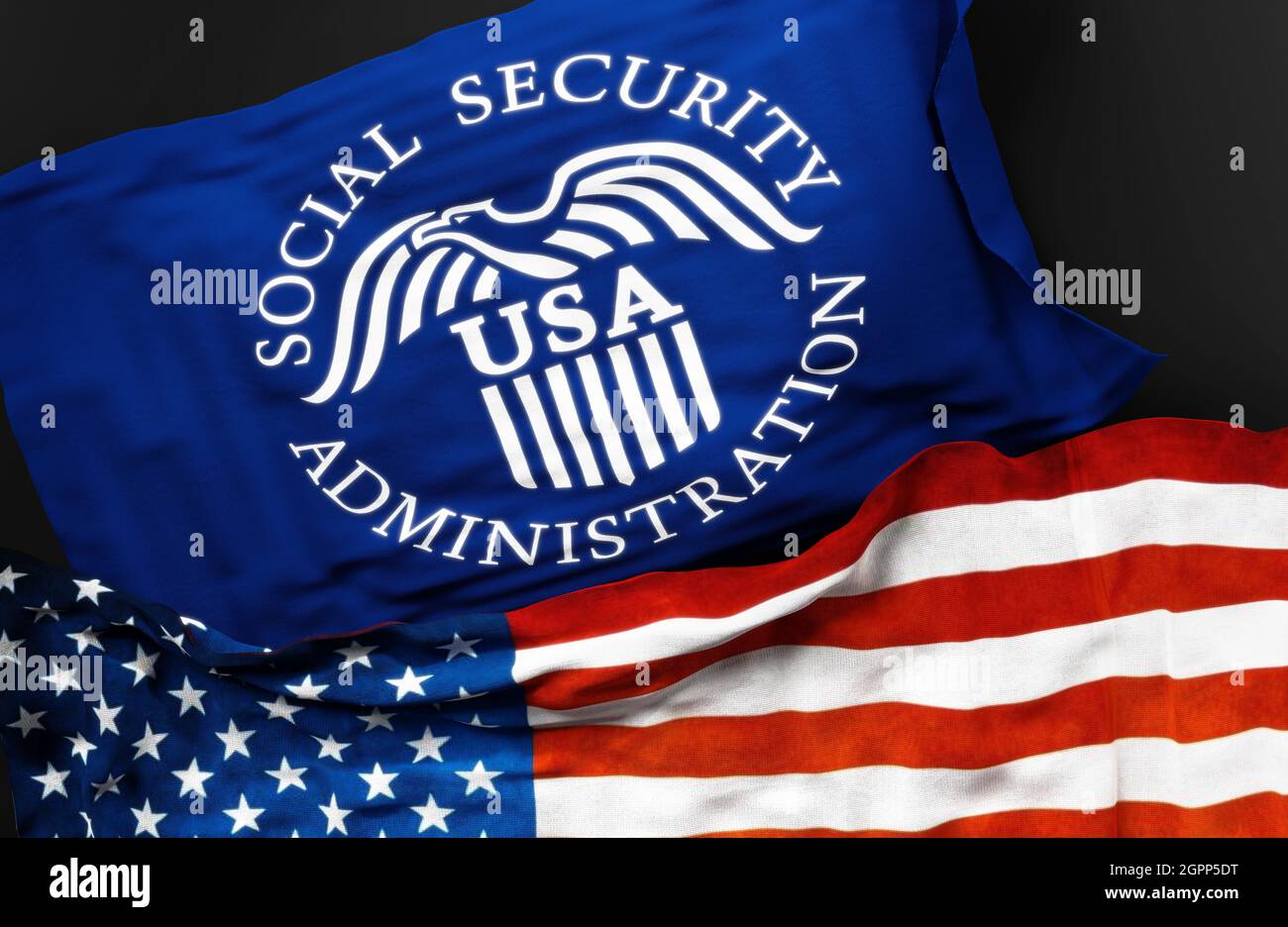 Flagge der US-amerikanischen Sozialversicherungsverwaltung zusammen mit einer Flagge der Vereinigten Staaten von Amerika als Symbol für eine Verbindung zwischen ihnen, 3 Stockfoto Flagge der US-amerikanischen Sozialversicherungsverwaltung zusammen mit einer Flagge der Vereinigten Staaten von Amerika als Symbol für eine Verbindung zwischen ihnen, 3 Stockfoto