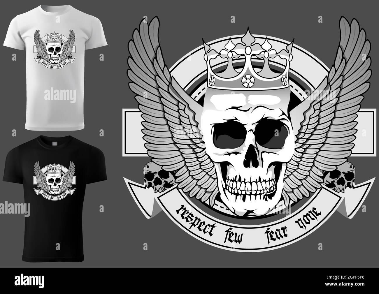 T-Shirt im Design Skull mit königlicher Krone und Flügeln Stock Vektor