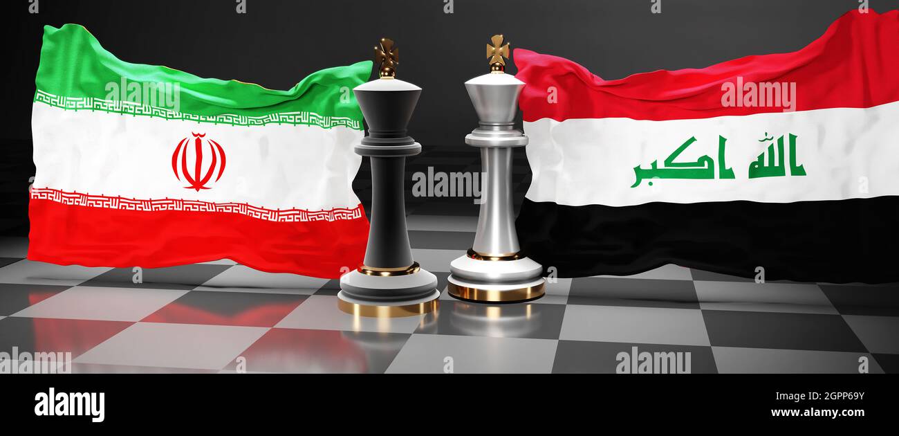 Iran Irak-Gipfel, Kampf oder eine Ablösung zwischen diesen beiden Ländern, die auf die Lösung politischer Probleme abzielen, symbolisiert durch ein Schachspiel mit nationaler Ebene Stockfoto