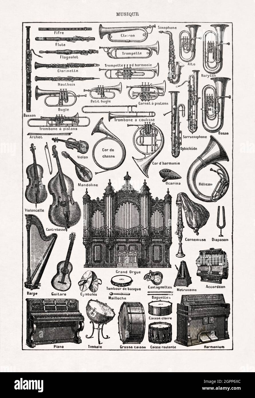 Alte Illustration über Musikinstrumente, gedruckt im französischen Wörterbuch 'Dictionnaire complet illustré' des Herausgebers Larousse im Jahr 1899. Stockfoto