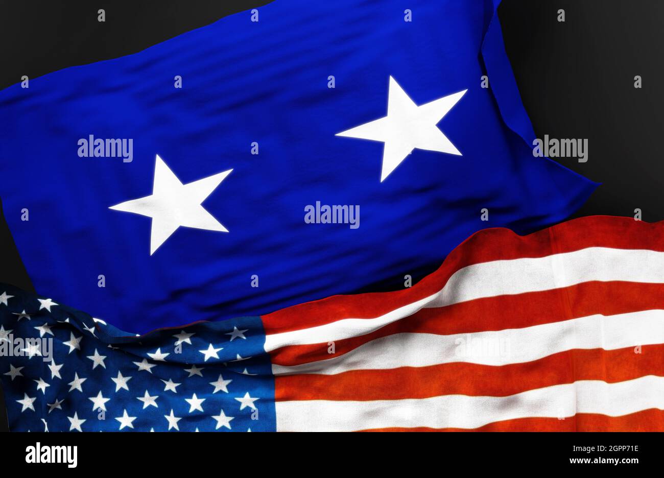 Flagge eines US Air Force Major Generals zusammen mit einer Flagge der Vereinigten Staaten von Amerika als Symbol der Einheit zwischen ihnen, 3d-Illustration Stockfoto