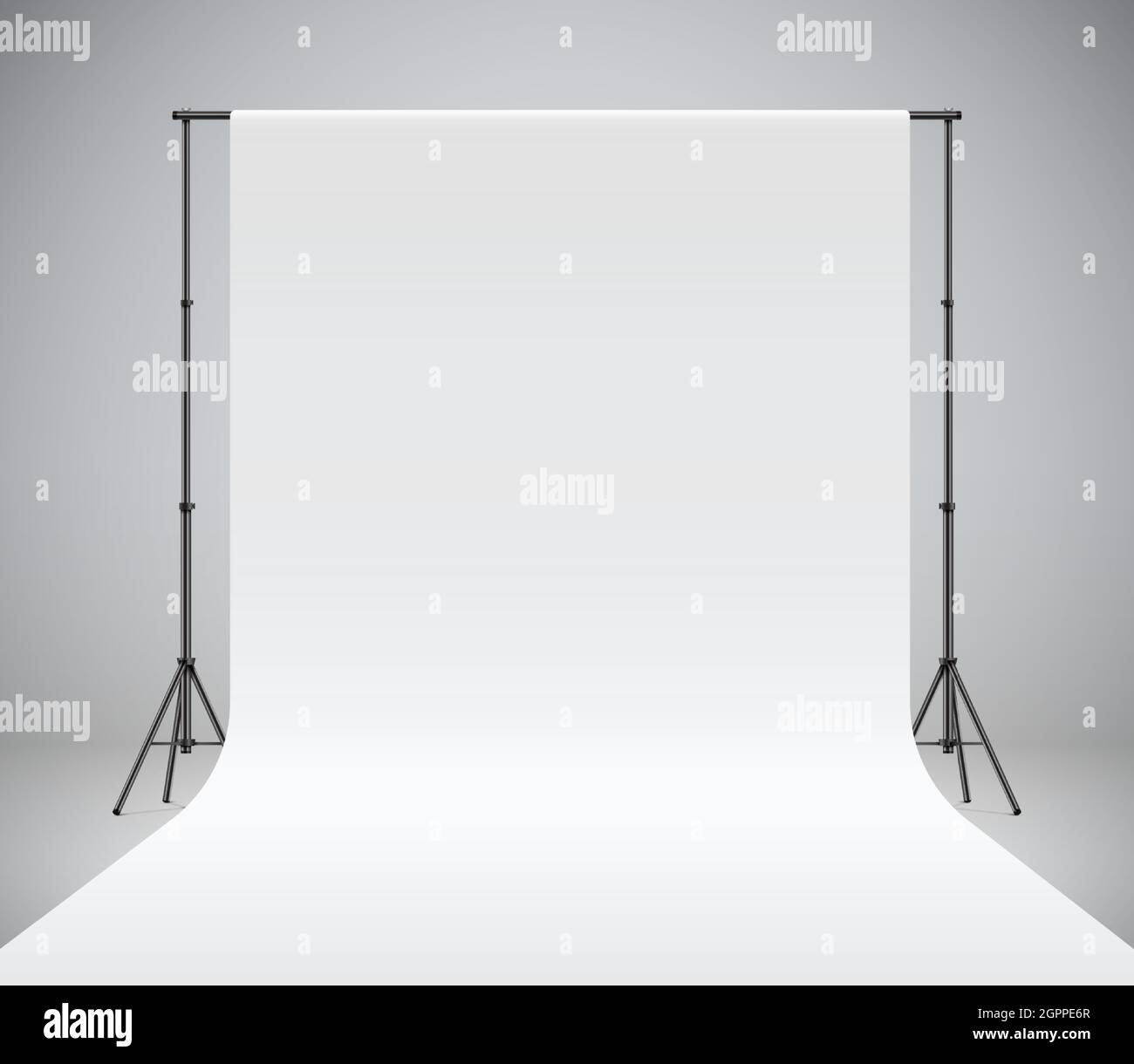 Weiß Foto Studio Hintergrund, realistische Vektor-Illustration. Fotografie Polyester Hintergrund hängt auf schwarzen Stativen. Professionelle Fotoaufnahme auf grauem Hintergrund. Stock Vektor