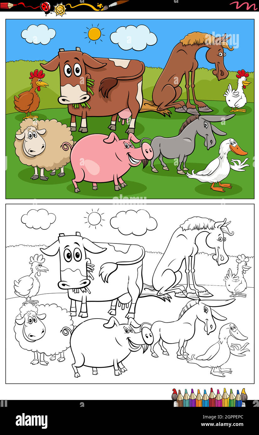 Cartoon Bauernhof Tiere Figuren ausmalen Buchseite Stock Vektor