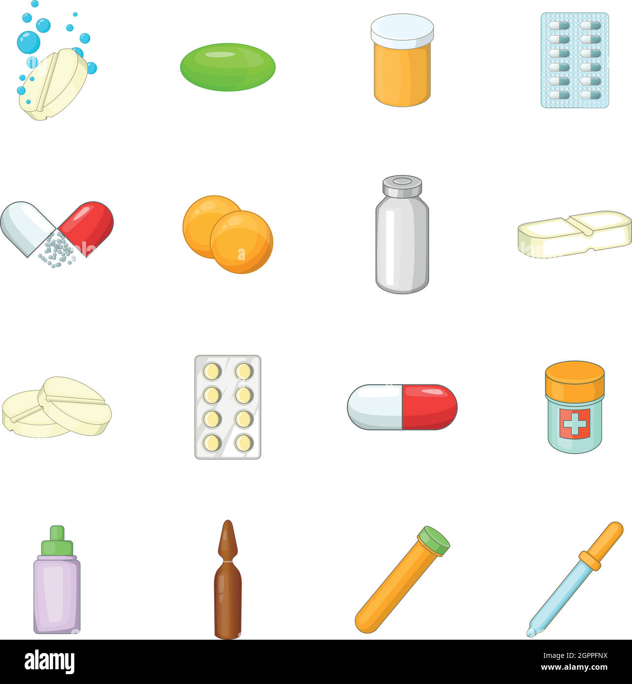 Medizin Medikamente Icons Set, Cartoon-Stil Stock Vektor
