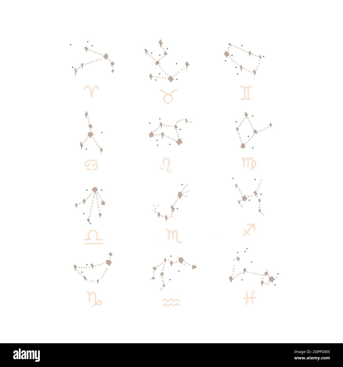 Handgezeichneter Vektor abstrakt Stock Grafik einfache Astrologie Himmelillustration Konstellation Sammlung mit modernen künstlerischen zeitgenössischen Druck gesetzt Stock Vektor