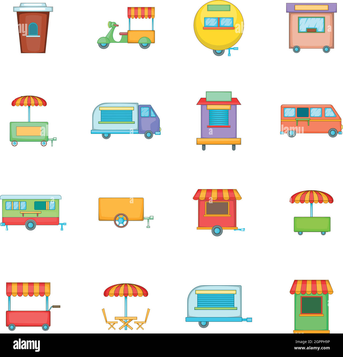 Streetfood Kiosk Fahrzeug Icons Set, Cartoon-Stil Stock Vektor