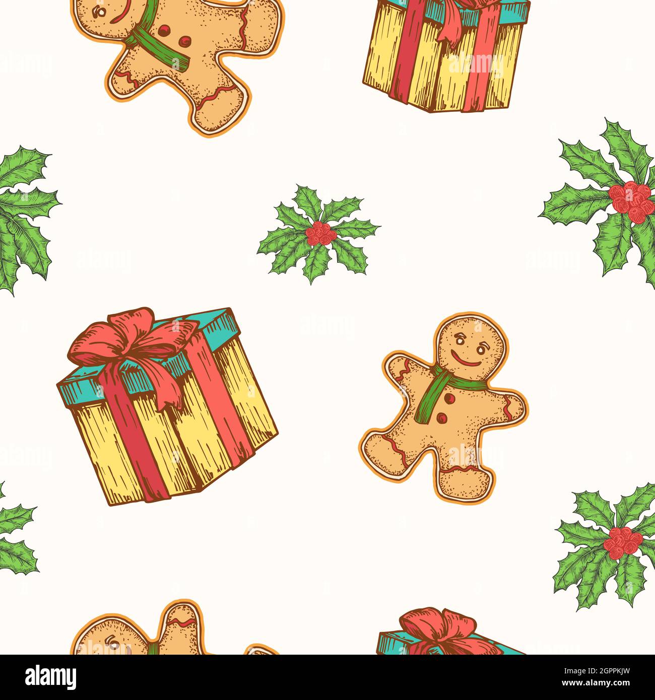 Weihnachten Hand Gezeichnet Vektor Nahtloses Hintergrundmuster. Geschenkschachtel, Ingwer-Plätzchen-Mann und Mistelskizzen-Karte oder Deckblatt-Vorlage. Weihnachtsdekoration Stock Vektor