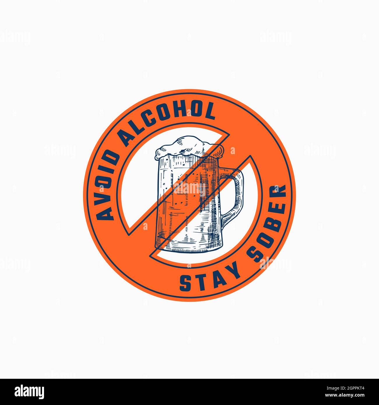 Vermeiden Sie Alkohol abstrakte Vektor-Zeichen, Symbol oder Logo-Vorlage. Handgezeichneter Bierbecher Skizze Illustration mit Typografie in einem Rahmenabzeichen. Bleibt Nüchtern Stock Vektor